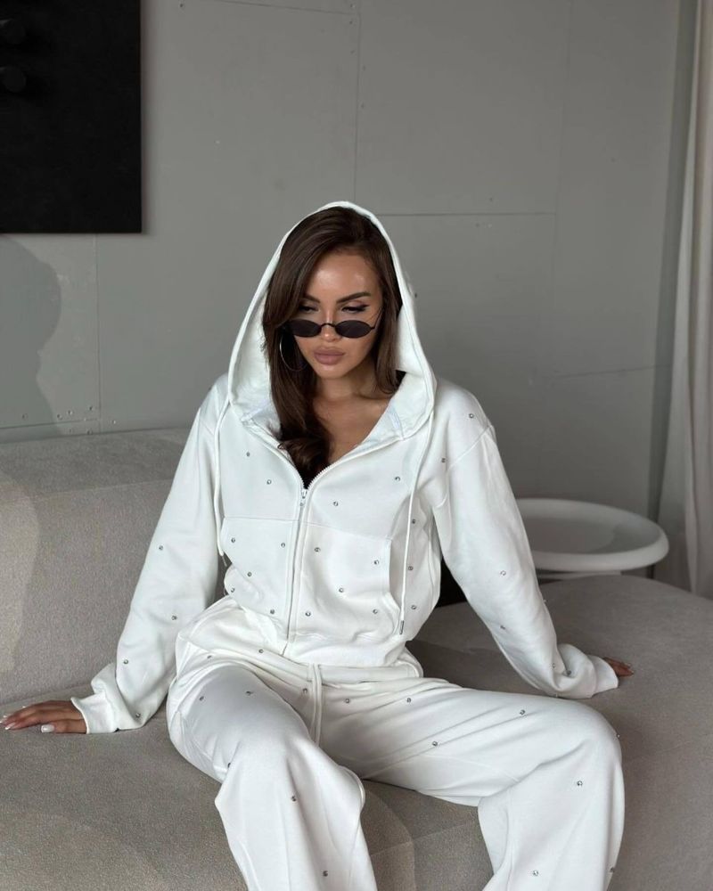 Women's Clothing Hooded Zipper Long Sleeves Full Body Hot Diamond Top Drawstring Trousers Sweater Suit Two Piece Suit Fashionable Sports Style Outfit_voghion.com