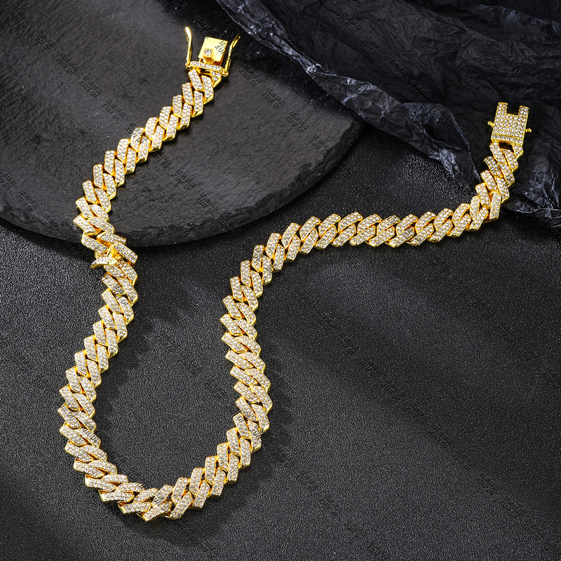 13MM Rhombus Prong Cuban Link Chain 2Row Iced Out Rhinestones Rapper Necklaces Bracelet For Men Women Choker Men Jewelry_voghion.com