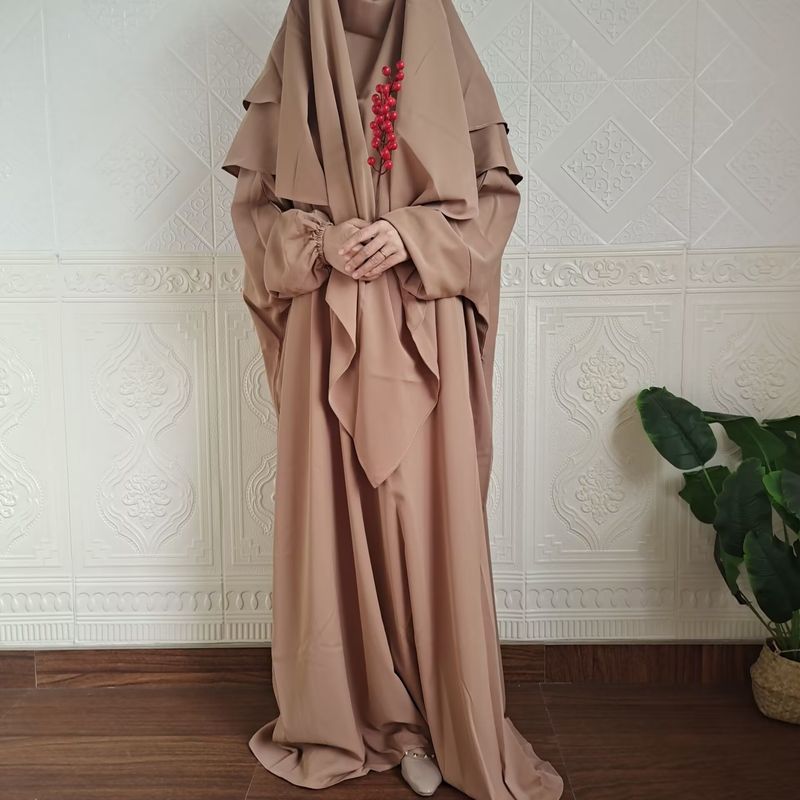 Vestido de dos piezas con hiyab, holgado, con mangas murciélago y color liso para mujer de Dubái, P105_voghion.com