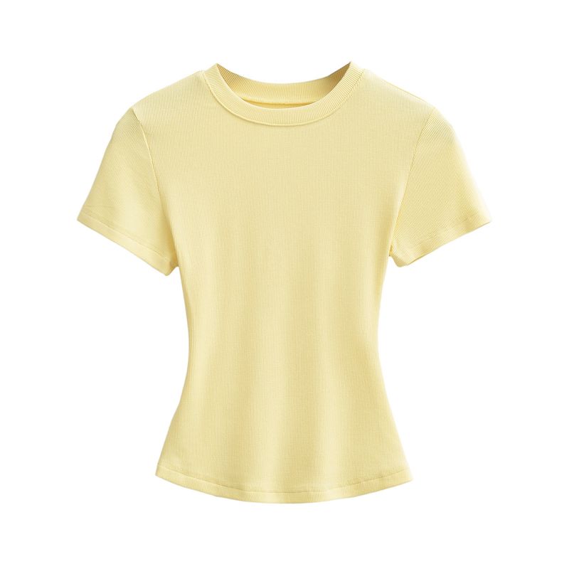 Maglietta estiva da donna sexy con scollo rotondo e maniche corte, tinta unita, con cuciture a vista_voghion.com