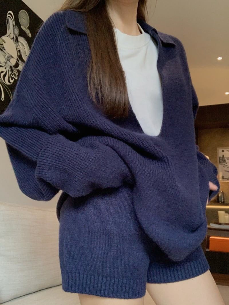 Maglione a V rilassato e pigro da donna, nuovo set di due pezzi in maglia casual snellente e ampio per autunno e inverno_voghion.com
