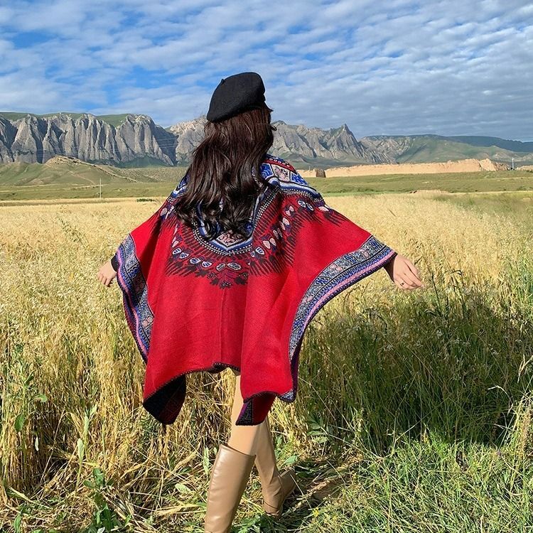 Xizang Great Northwest Travel Totem, red warm, with shawl, female scarf, autumn and winter cloak, big cloak_voghion.com