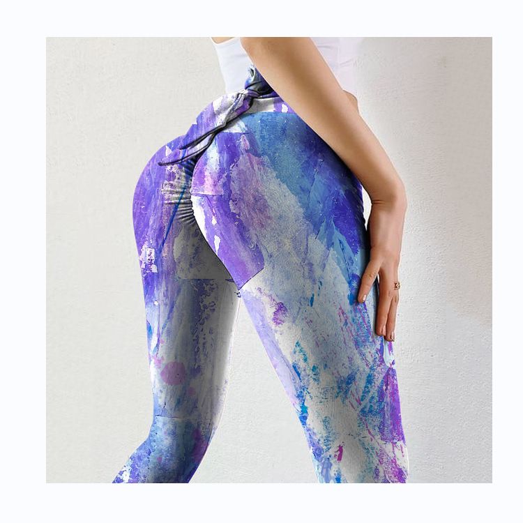Pantaloni da yoga da yoga da donna con stampa multicolore antirughe sull'anca, dimagranti a vita alta, con fiocco elasticizzato_voghion.com