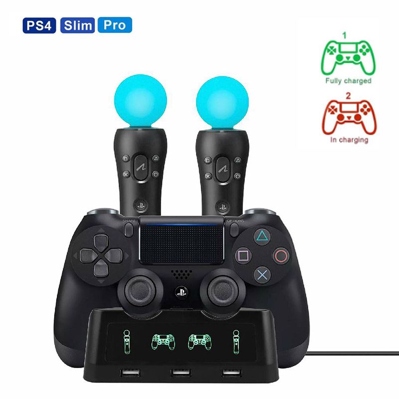 Nešiojamas 4 viename PS4 valdiklio įkroviklio stotelė, skirta Playstation 4 PS4 PSVR VR Move įkrovimo stovas PS MOVE valdikliams_voghion.com
