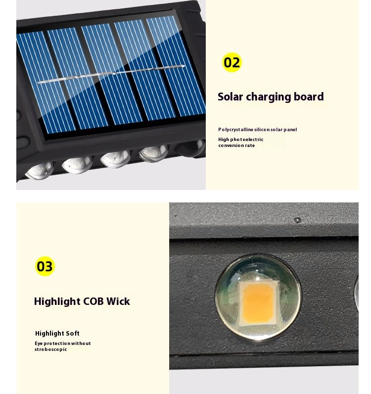 Luminária de parede solar 4/6/8/10 LEDs, iluminação para áreas externas, à prova d'água, para cima e para baixo, iluminação luminosa, para jardim e paisagem_voghion.com