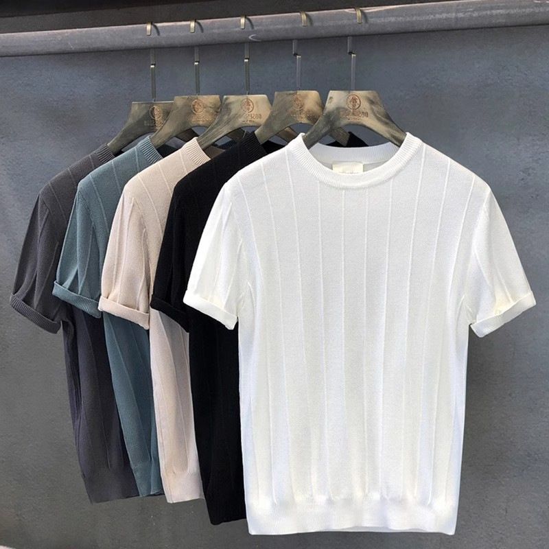 Herrenbekleidung Hochwertiges, einfarbiges T-Shirt aus Eisseide mit Rundhalsausschnitt, kurzärmelig, lässig, halbarm, neues T-Shirt für Männer_voghion.com