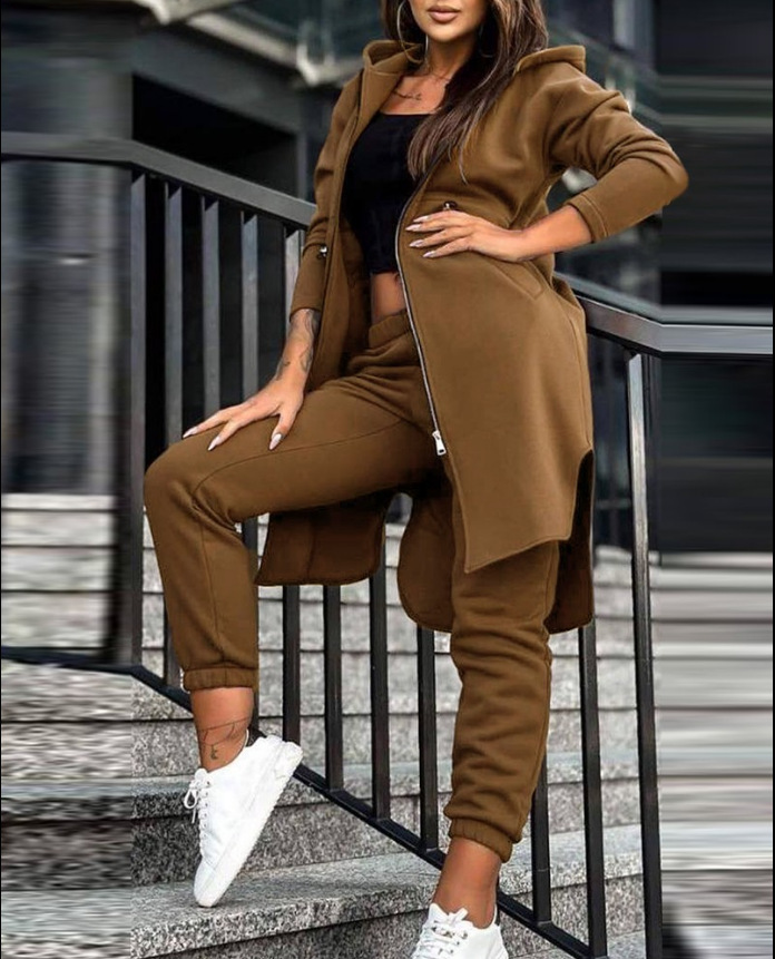 Zweiteiliges Set mit modischem, lässigem Kapuzen-Fleece-Hoodie-Mantel für Damen_voghion.com