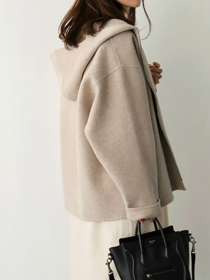 Damenbekleidung, Wollmantel mit Kapuze, lockerer, einfarbiger kurzer Wollmantel für Damen mit Kapuze – übergroße, lässige Tweedjacke für kleine Größen, Schwarz und Khaki_voghion.com