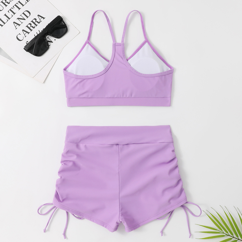 Geteilte Boxershorts mit hoher Taille für Damen, Kordelzug-Design, enger und schmaler Badeanzug für Damen._voghion.com
