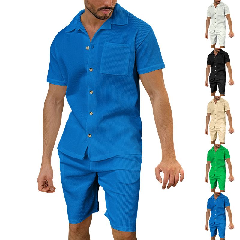 2024 Sommer Strickjacke Revers Kurzarm Shorts Casual Arbeit Vielseitig herren 2-teiliges Set_voghion.com