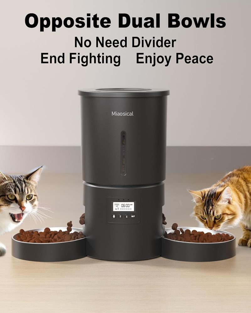 Miaosical Automatischer Katzenfutterautomat mit Doppelnäpfen für 2 Katzen, Kätzchen & Kleine Hunde Futterspender (Schwarz, 4.2L+Rostfreier Stahl_voghion.com