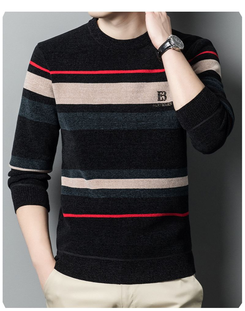 Pull en chenille épais et pelucheux pour hommes, coréen, décontracté, col rond, ample, rayé, tricot, chemise inférieure, hiver_voghion.com