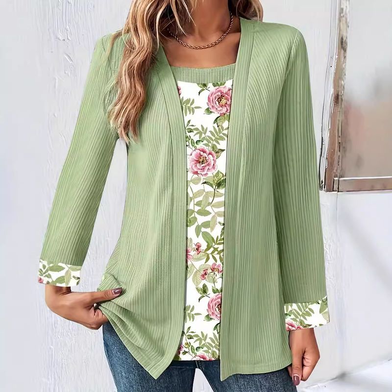 2025 Autumn/Winter Women's Solid Color Printed Splicing Two Piece Set Long Sleeve T-shirt_voghion.com