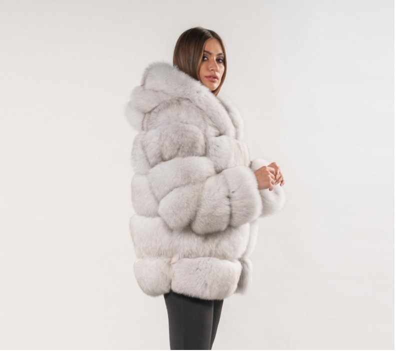 Damenmode-Imitat-Fuchspelz-Kapuzen-Damenmantel mit langen Ärmeln_voghion.com