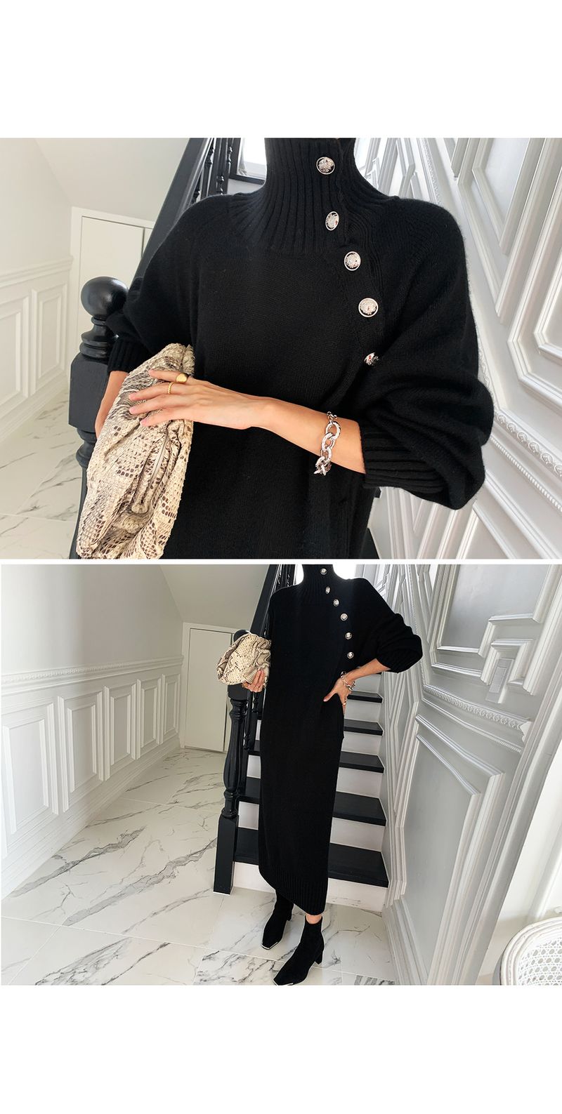 Abbigliamento da donna, abito lavorato a maglia con lacci in vita, maglione lungo versatile a collo alto dimagrante e sciolto per donna_voghion.com