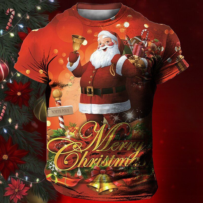 T-shirt humoristique à motif Père Noël pour homme, imprimé chien de Noël en 3D, décontracté, manches courtes, ample, col rond, été_voghion.com