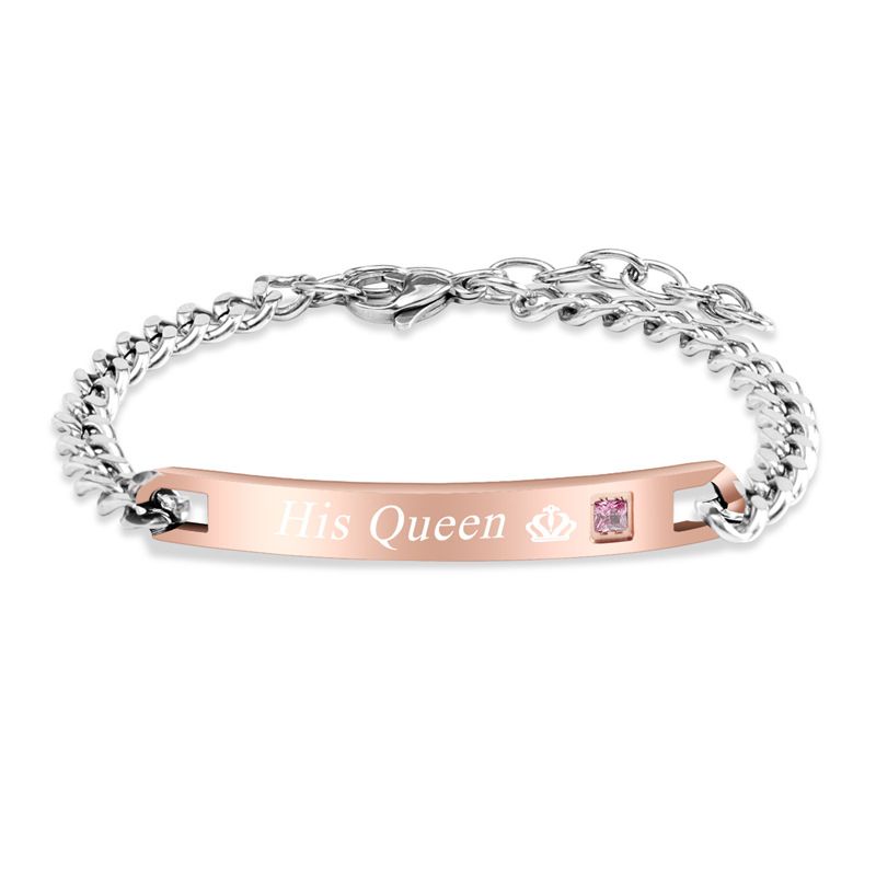 Bracciale alla moda hip-hop in acciaio al titanio per coppie, regalo di San Valentino, corona, cuore, zircone, incisione_voghion.com