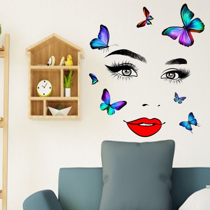 Women's PVC Matte JS-N Red Lips Eyes Butterfly Background Room Self Adhesive Wall Stickers_voghion.com