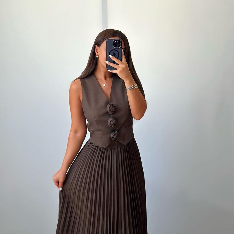 Damenbekleidung, neue Anzüge für Damen, Sommer, ärmellose Weste, halblanger, plissierter langer Rock, zweiteiliger Anzug_voghion.com