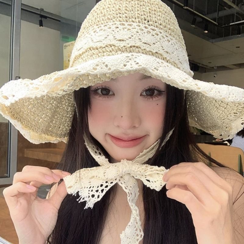 Cappello di paglia con doppio pizzo, per bambina, con protezione UV, per foto da spiaggia, estivo, in paglia_voghion.com