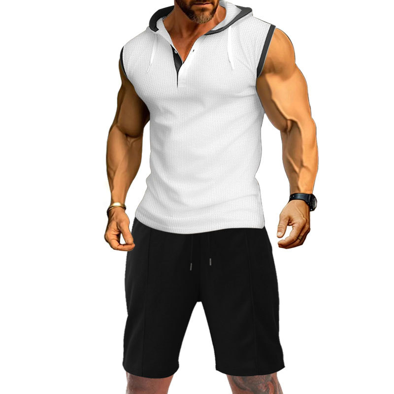 Sleeveless vest, shorts, T-shirt, solid color hooded tie up men's casual sports waffle set_voghion.com