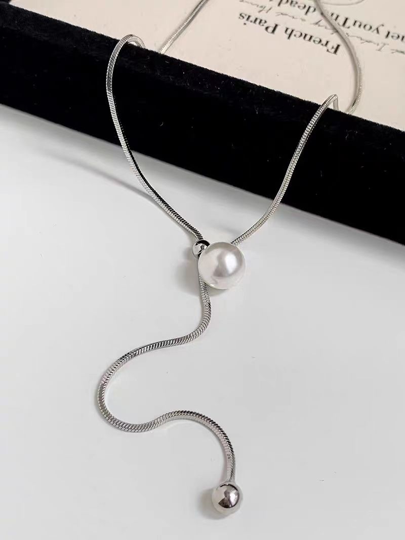Adjustable pearl pendant titanium steel necklace sweater chain length_voghion.com