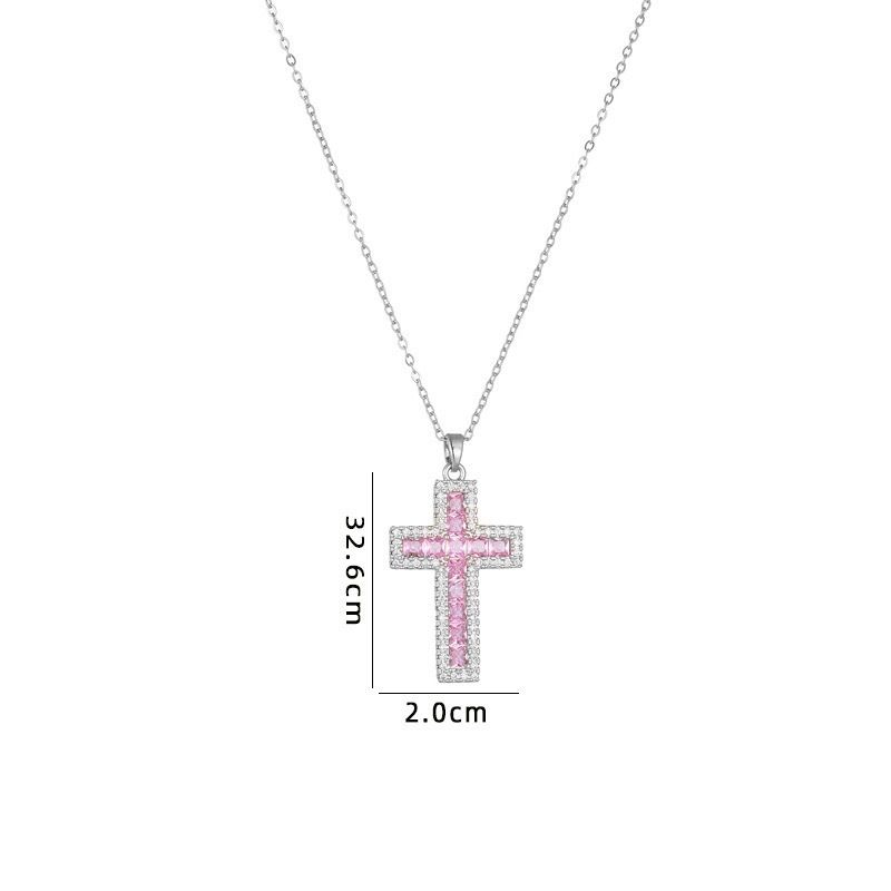 Collana con croce in zircone rosa e diamanti da uomo e da donna, ciondolo alla moda e versatile, catena per clavicola, per coppie._voghion.com