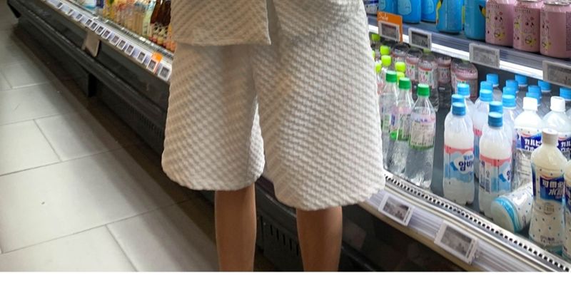 Summer Lightweight Casual Sports Men's White Short Sleeve Shirt Straight Waffle Shorts Set_voghion.com