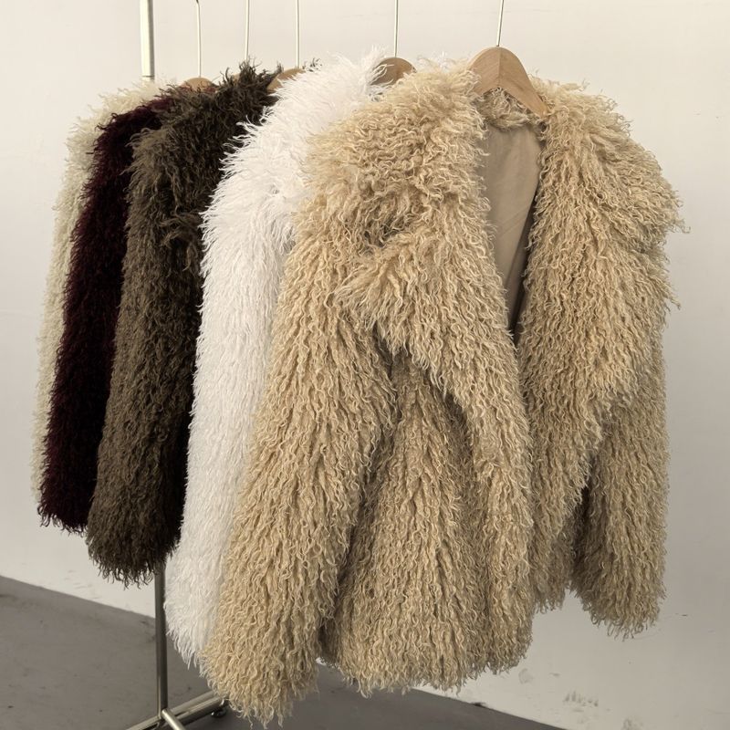 Women's Clothing Luxury Faux Shearling Coat Soft Warm Winter Jacket Elegant Faux Fur Outerwear In Deep Khaki, Cream & Black (Sizes S/M/L)_voghion.com