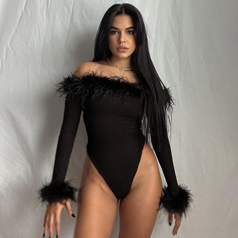 Combinaisons à manches longues en fourrure pour femmes, asymétrique épaule dénudée, hauts à manches longues pour filles, femmes_voghion.com