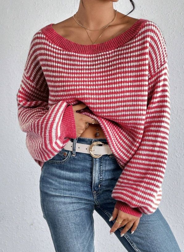 Maglione da donna in maglia con spalle scoperte, righe a blocchi di colore e maniche a lanterna – Vestibilità comoda e ampia per autunno e inverno_voghion.com