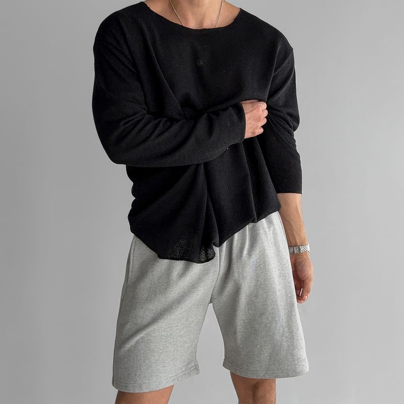 Lazy Style Hollowed Out Knitted Sweater For Men, Silky Smooth Soft, Loose Big Collar Long Sleeved Sun Protection Shirt,_voghion.com