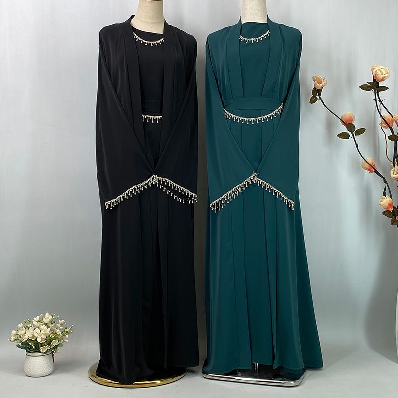 Ramazan Nida Müslüman Seti Çıkarılabilir Zincir Abaya Fas Düğün Kaftan Afrika Siyah Elbise Dubai Uzun Kadın Abiye Kaftan_voghion.com