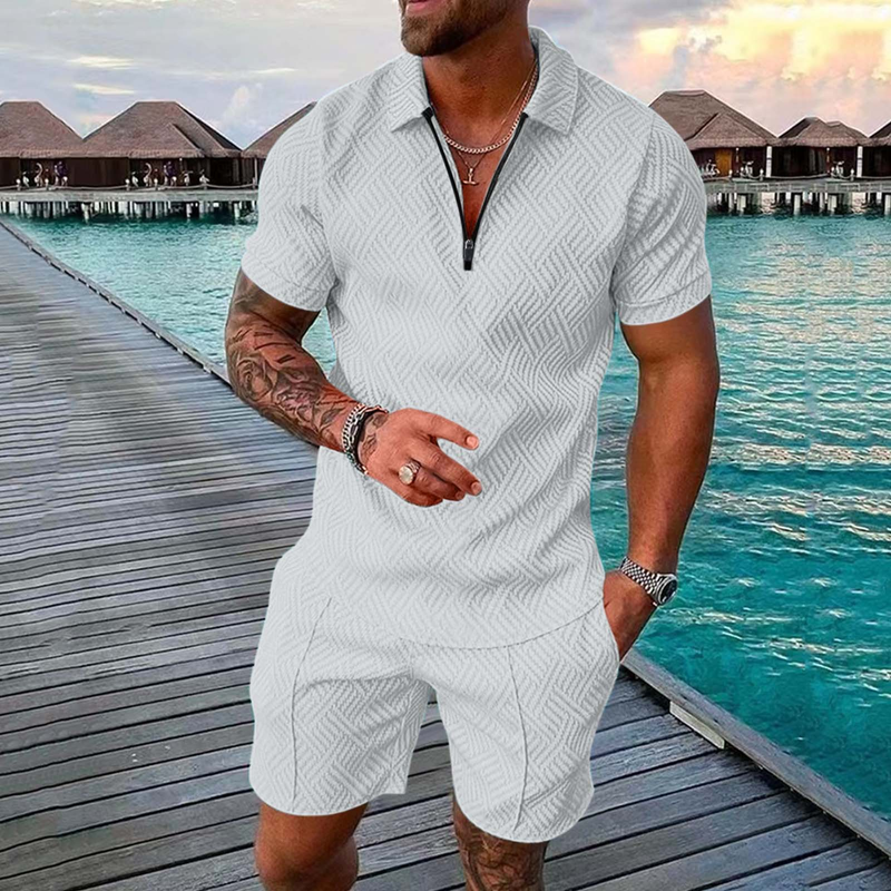 2025 New Summer Men's Shorts Set Short Sleeve Zip Polo Shirt Street T-shirt Two Piece Casual Sportswear_voghion.com