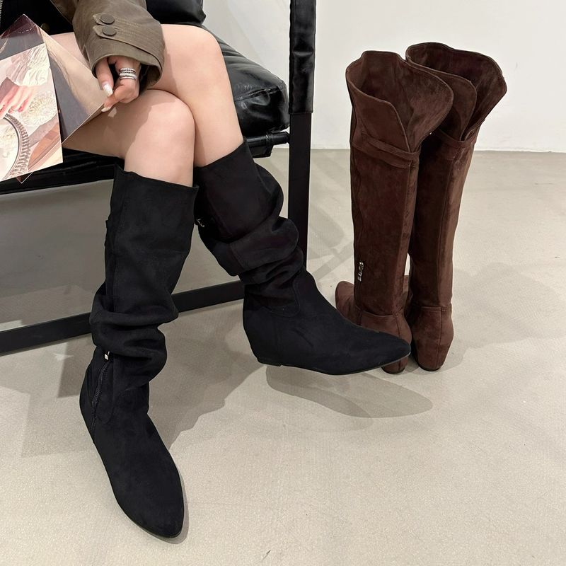 Over-the-Knee For Women 2025 Autumn Winter New High Tube Women's Suede Wrinkled Slouch Boots With Hidden Wedge_voghion.com