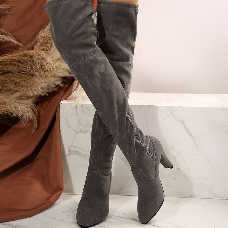 New autumn and winter long boots thick heel suede high elastic boots pointed high heel boots_voghion.com