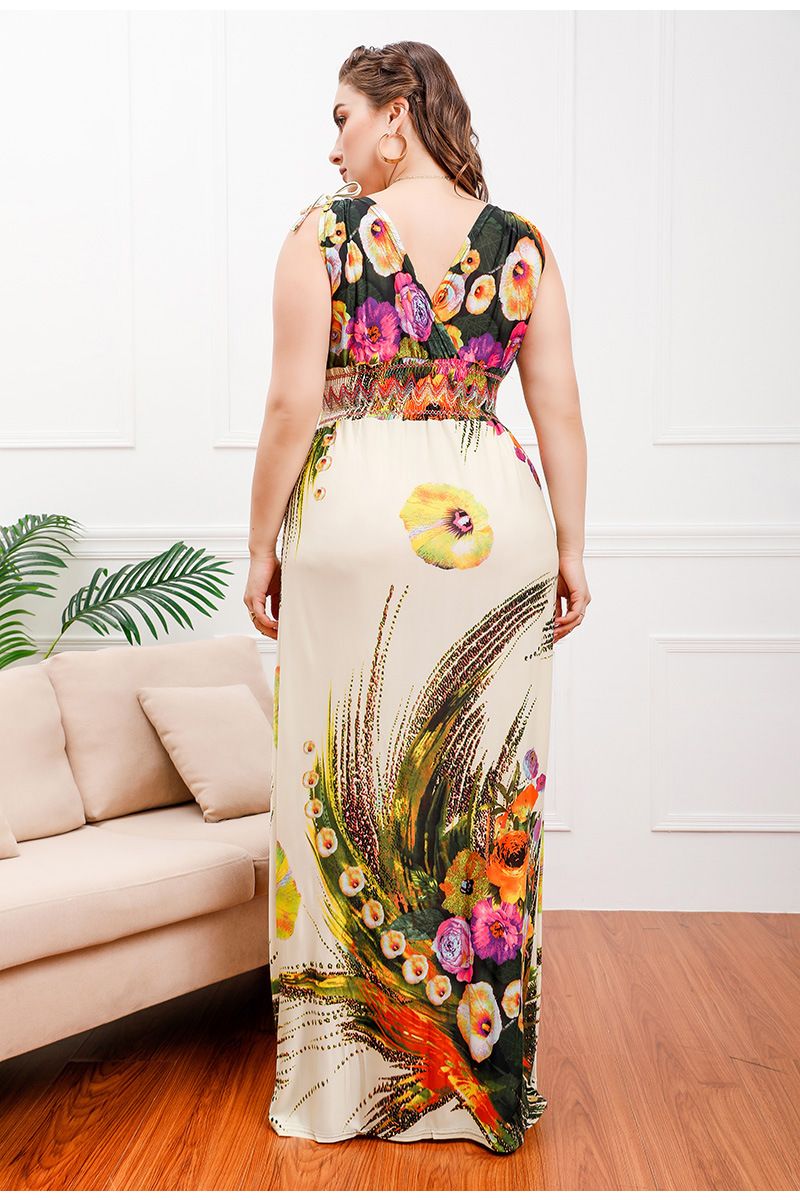 Vestido de seda de hielo con estampado de talla grande para mujer, vestido largo bohemio con escote en V y tallas grandes_voghion.com