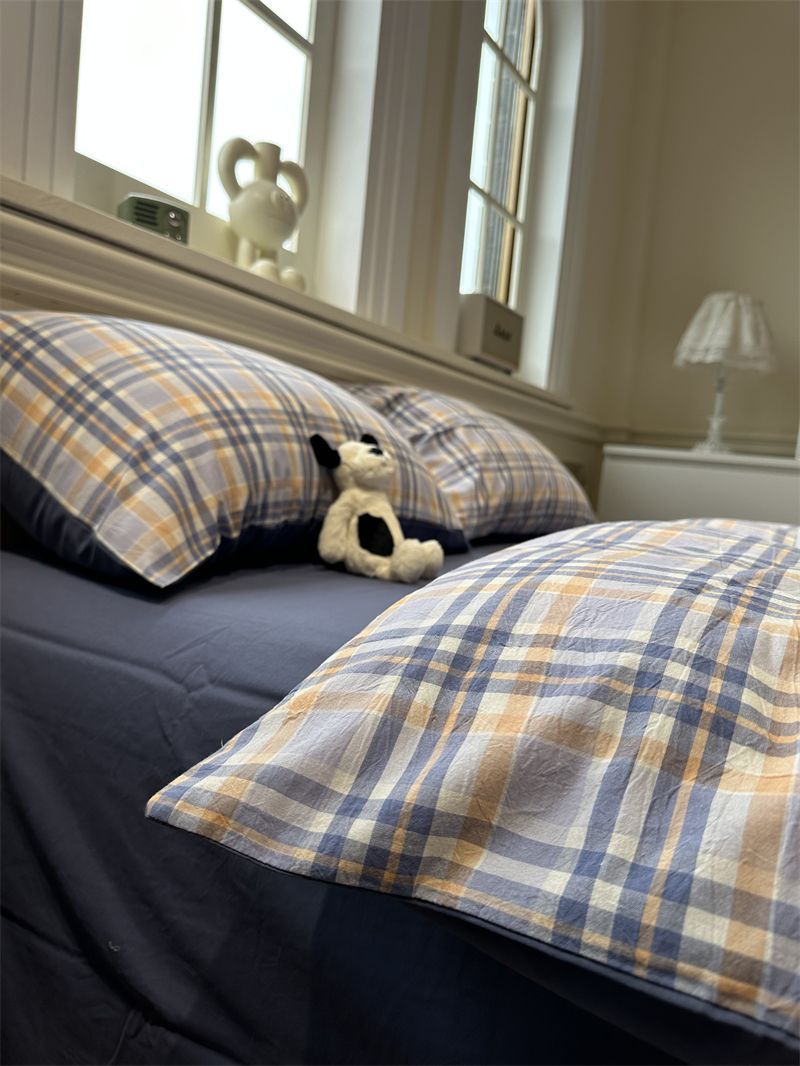 Minimalist Japanese Style Gray Plaid Bedding 100% Cotton 1.5m 1.8m Student Dormitory Duvet Cover Set 1.2m_voghion.com