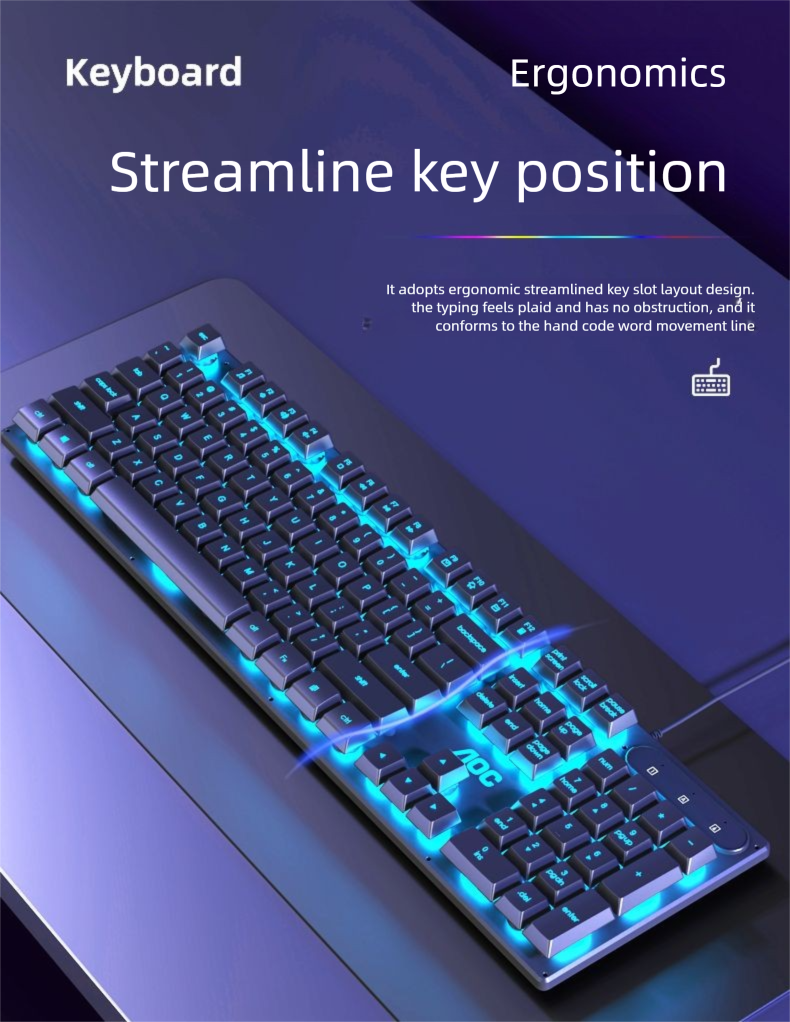 Ensemble clavier et souris AOC, filaire, mécanique, USB, éclairage, pour ordinateur portable et de bureau_voghion.com