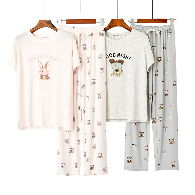 Damenbekleidung Sommer Modal Damen Pyjamas Weibliche Japanische Cartoon Niedlich Weiche Lose Kurzarm Hosen Hause Kleidung Set_voghion.com