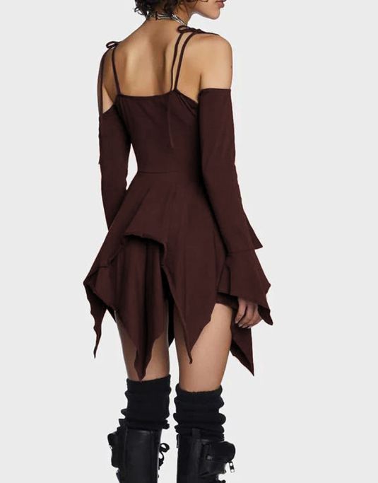 Ropa de mujer estilo gótico sexy de seda color leche, ropa de mujer con hombros descubiertos, manga larga, cintura alta, falda con tirantes y vestido con volantes._voghion.com