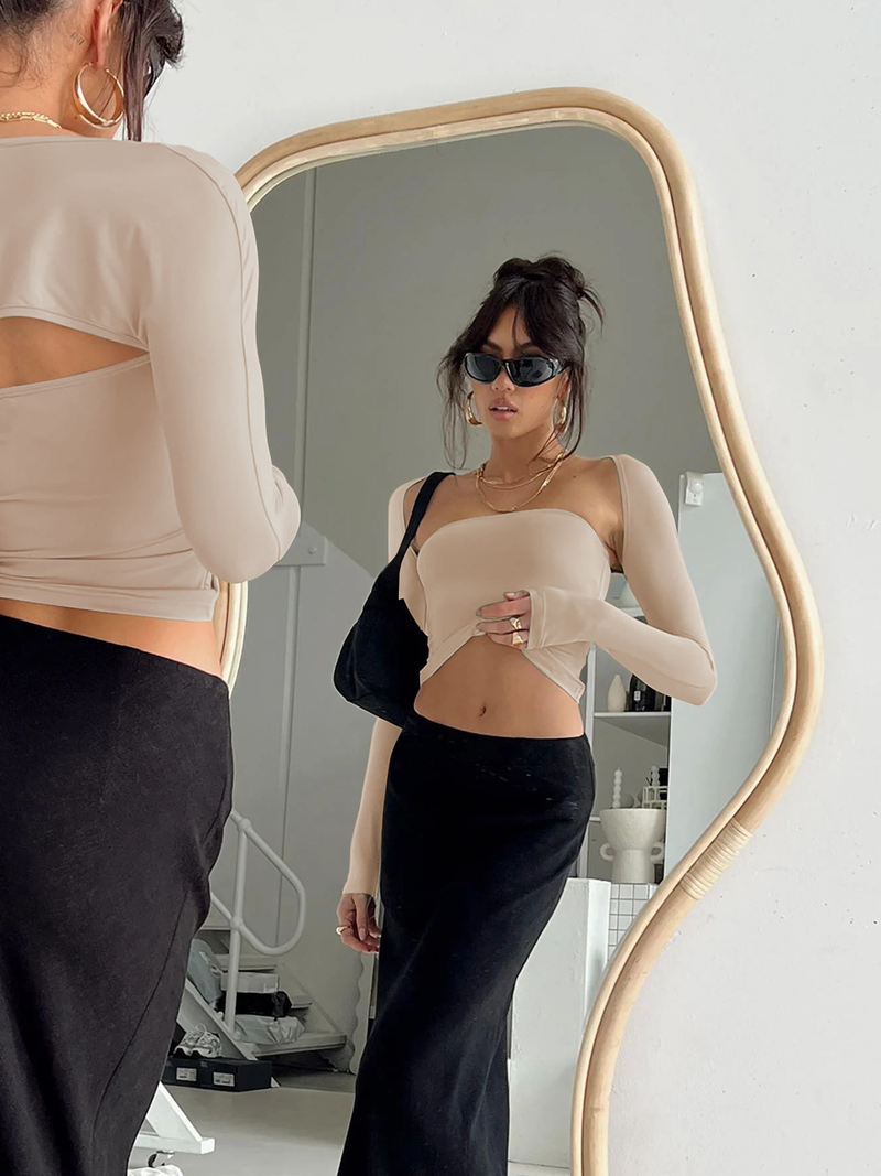 Sexy T-skjorte med tubetopp og langermet tettsittende bluse til dame, todelt sett med topper_voghion.com