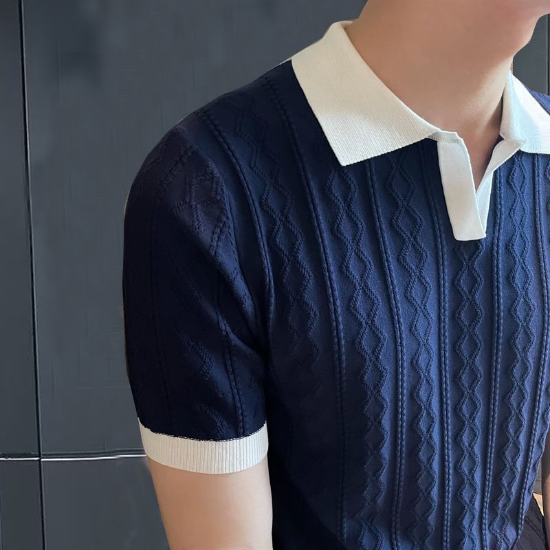 Männerkleeder Summerpoloshirt fir Männer, villsäitegt britescht, schlank gestrickt, kuerzärmlech, reverséiert T-Shirt mat Retro-Nähten a Kontrastfaarwen_voghion.com
