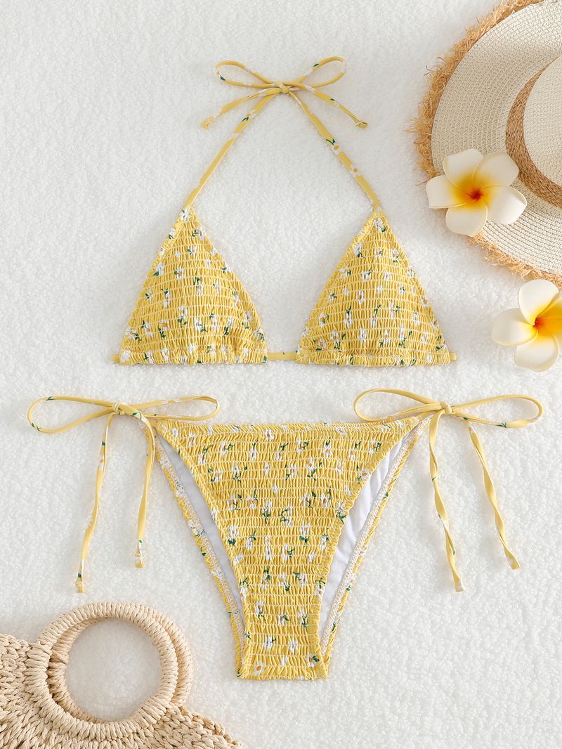 Costume da bagno bikini da donna, di alta qualità, per vacanze primaverili calde, con allacciatura al collo floreale, attillato e sexy, da spiaggia._voghion.com