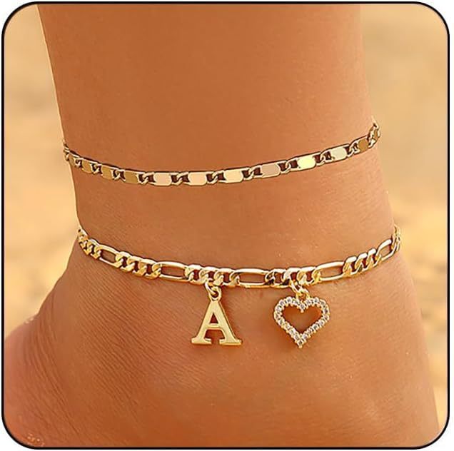 New English 26 Letters Heart Inlaid Zircon Pendant Anklet Double Layer Foot Chain Beach Vacation Accessories_voghion.com