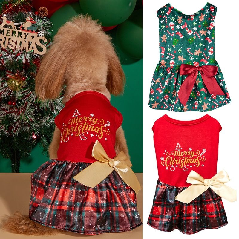 Weihnachtskatzenkleid mit Schleife und Weihnachtsdruck, Teddykleid, Hunderock, Haustier-Prinzessinnenkleid_voghion.com