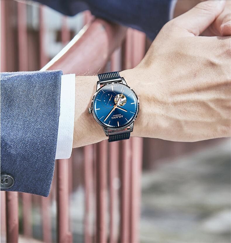 AILANG Orologi di seconda mano unici per uomo Orologio da polso meccanico automatico alla moda con scheletro Cinturino in acciaio nero Reloj Hombre_voghion.com