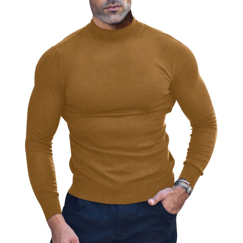 Herbst Winter Thermo Einfarbig Langarm T-Shirt Basishemd Eng Anliegender Halbhoher Kragen Herrenstil_voghion.com