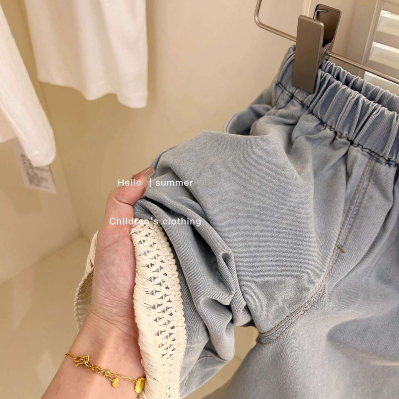 Ropa para niños Traje de diseño retro para niñas Chaleco corto con borlas de crochet de verano Top de jeans de pierna ancha Traje de dos piezas de moda_voghion.com
