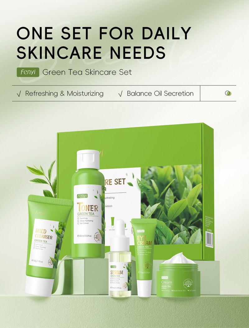 Peelings & Körperbehandlungen – Neues 5-teiliges Set mit grünem Tee: Waschlotion 50 g + Wasser 100 ml + Creme 25 g + Augencreme 15 g + Essenz 17 ml_voghion.com